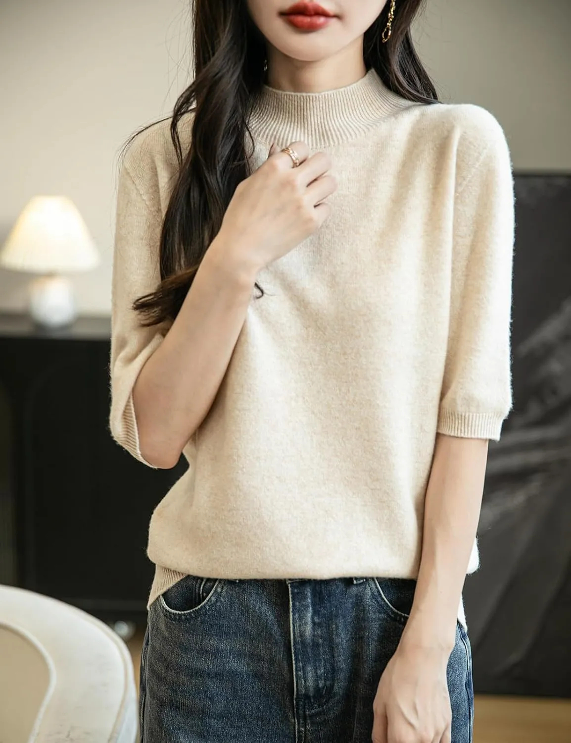 Women's 100% Merino Wool Spring Fall Winter First-Line Ready to Wear Seamless Knit Short Sleeve Mock Neck Sweater