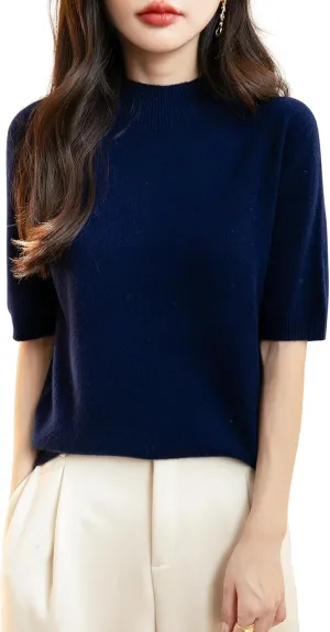 Women's 100% Merino Wool Spring Fall Winter First-Line Ready to Wear Seamless Knit Short Sleeve Mock Neck Sweater