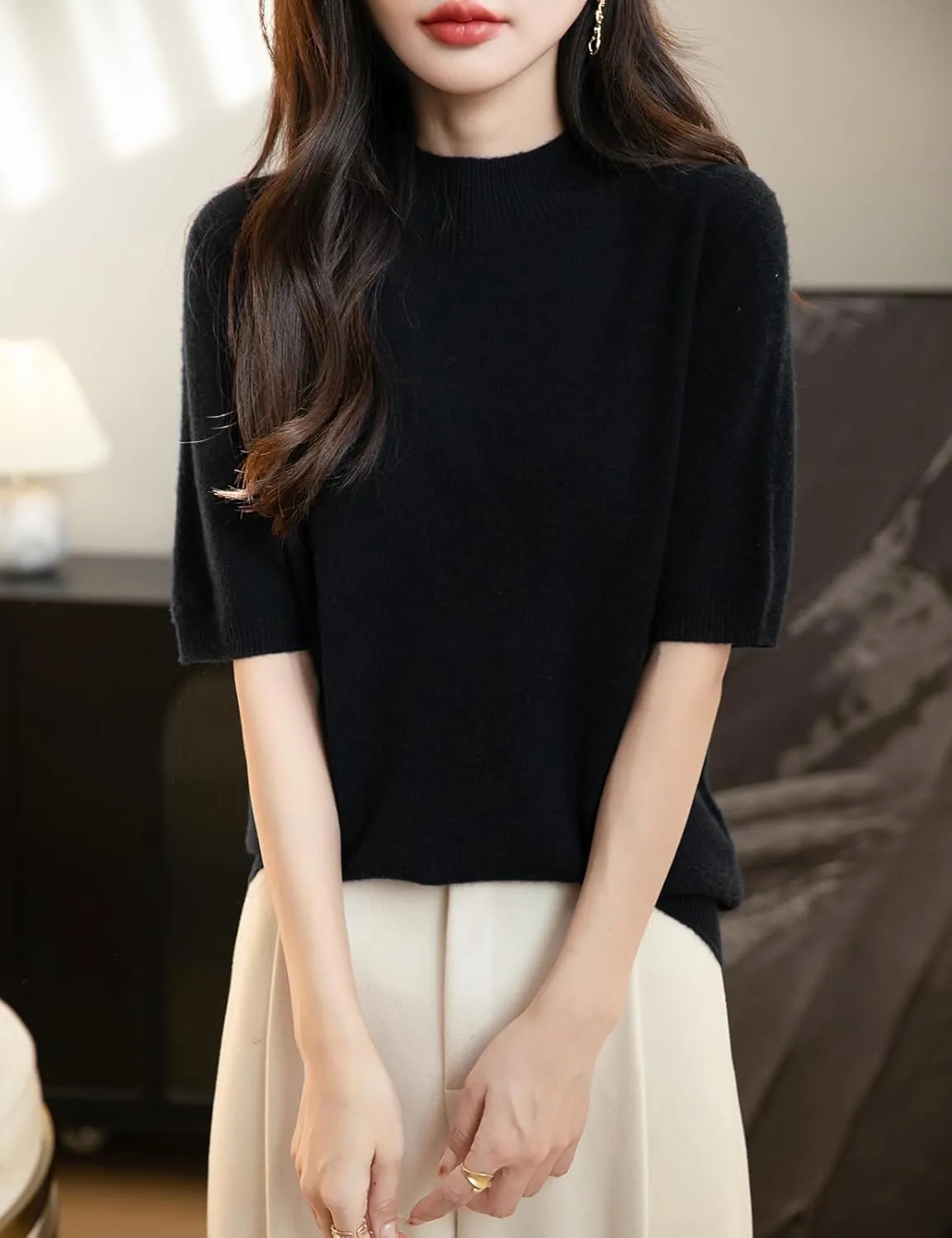 Women's 100% Merino Wool Spring Fall Winter First-Line Ready to Wear Seamless Knit Short Sleeve Mock Neck Sweater