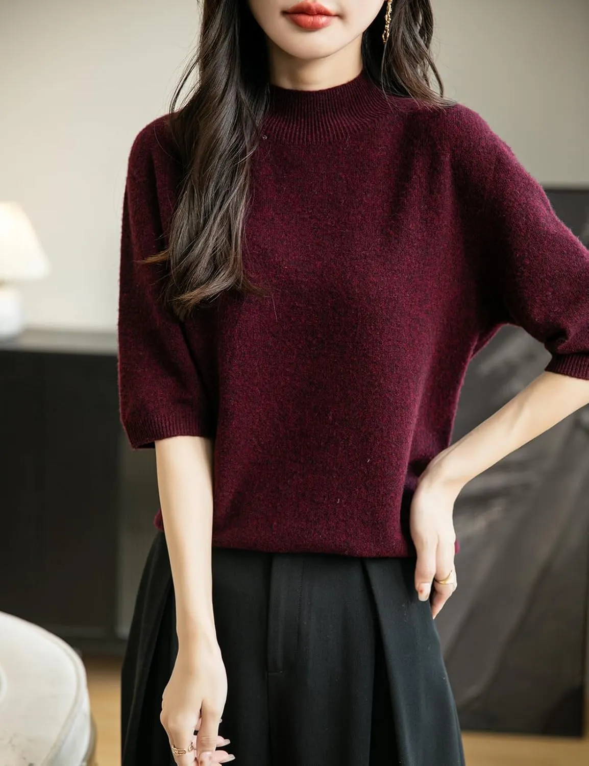 Women's 100% Merino Wool Spring Fall Winter First-Line Ready to Wear Seamless Knit Short Sleeve Mock Neck Sweater