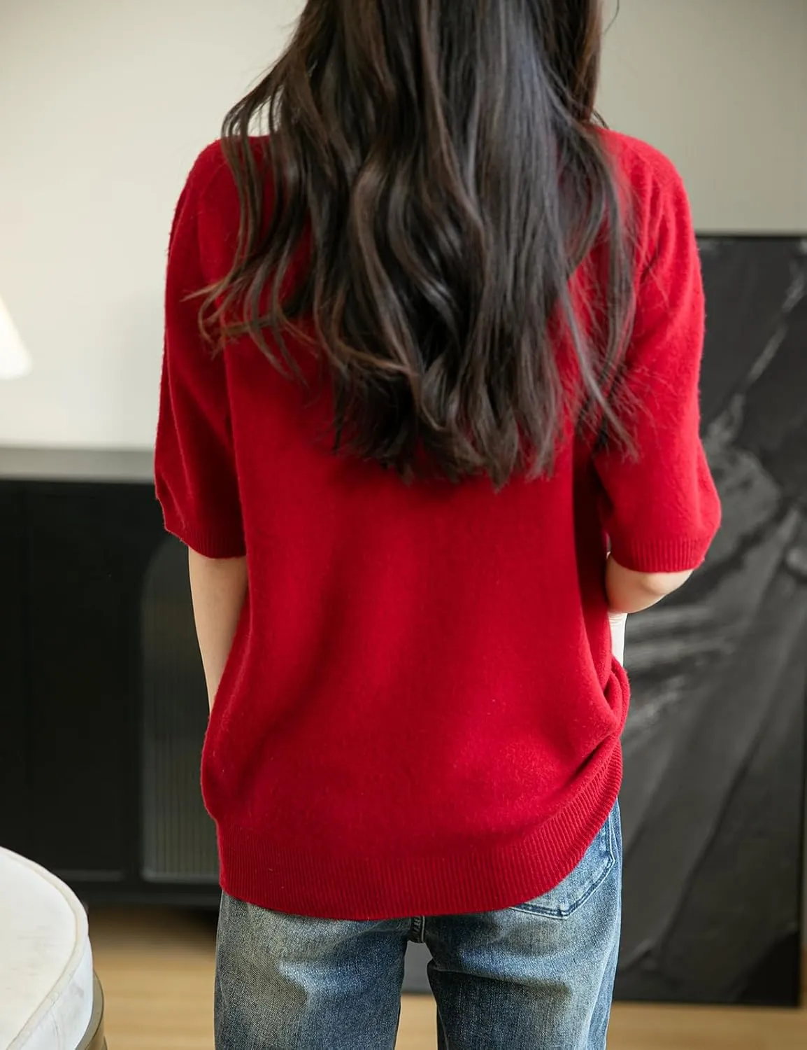 Women's 100% Merino Wool Spring Fall Winter First-Line Ready to Wear Seamless Knit Short Sleeve Mock Neck Sweater