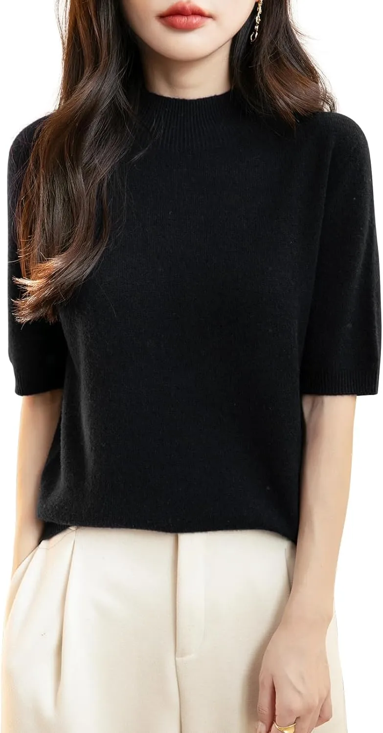 Women's 100% Merino Wool Spring Fall Winter First-Line Ready to Wear Seamless Knit Short Sleeve Mock Neck Sweater