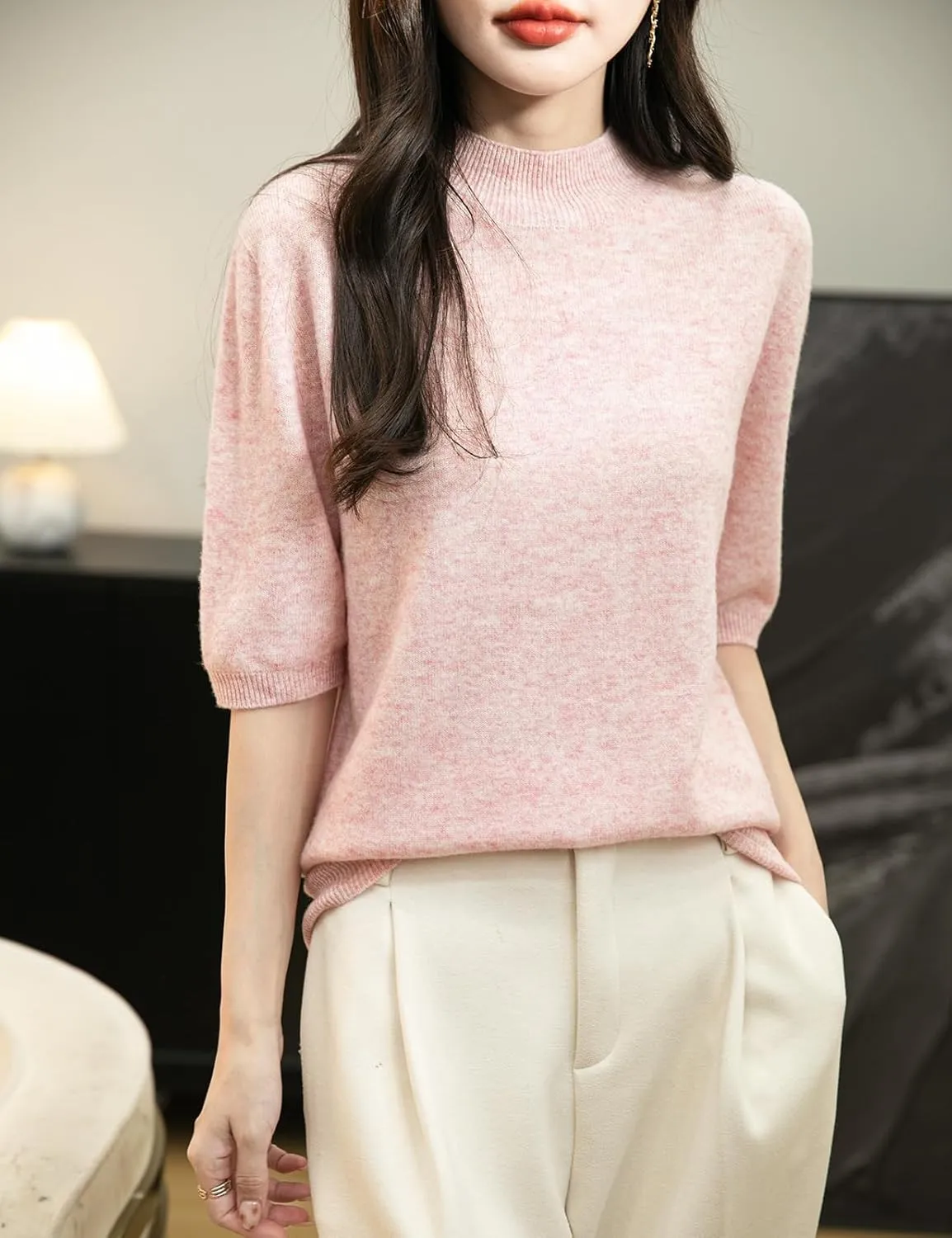 Women's 100% Merino Wool Spring Fall Winter First-Line Ready to Wear Seamless Knit Short Sleeve Mock Neck Sweater