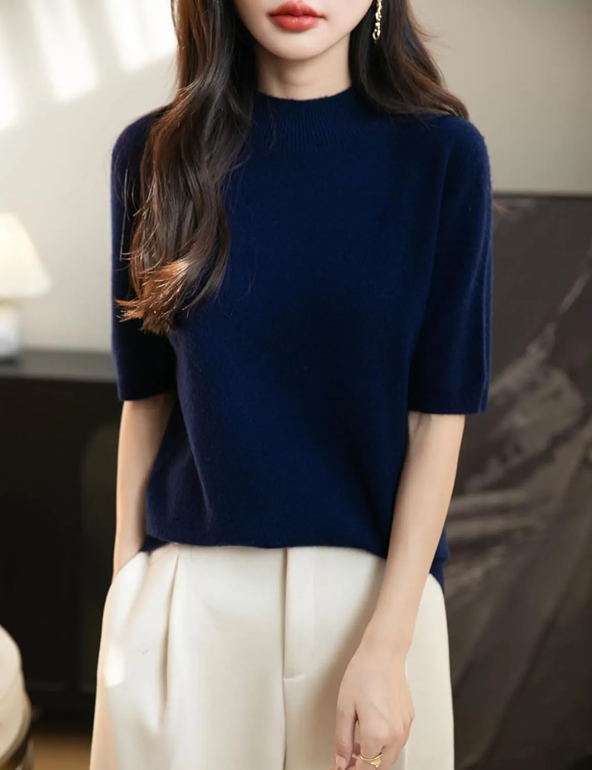 Women's 100% Merino Wool Spring Fall Winter First-Line Ready to Wear Seamless Knit Short Sleeve Mock Neck Sweater