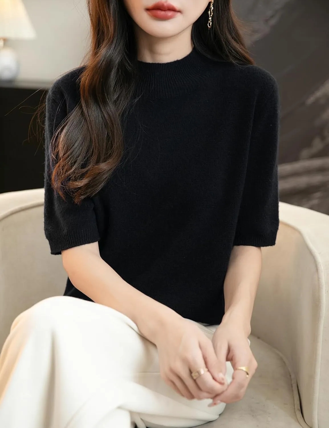 Women's 100% Merino Wool Spring Fall Winter First-Line Ready to Wear Seamless Knit Short Sleeve Mock Neck Sweater
