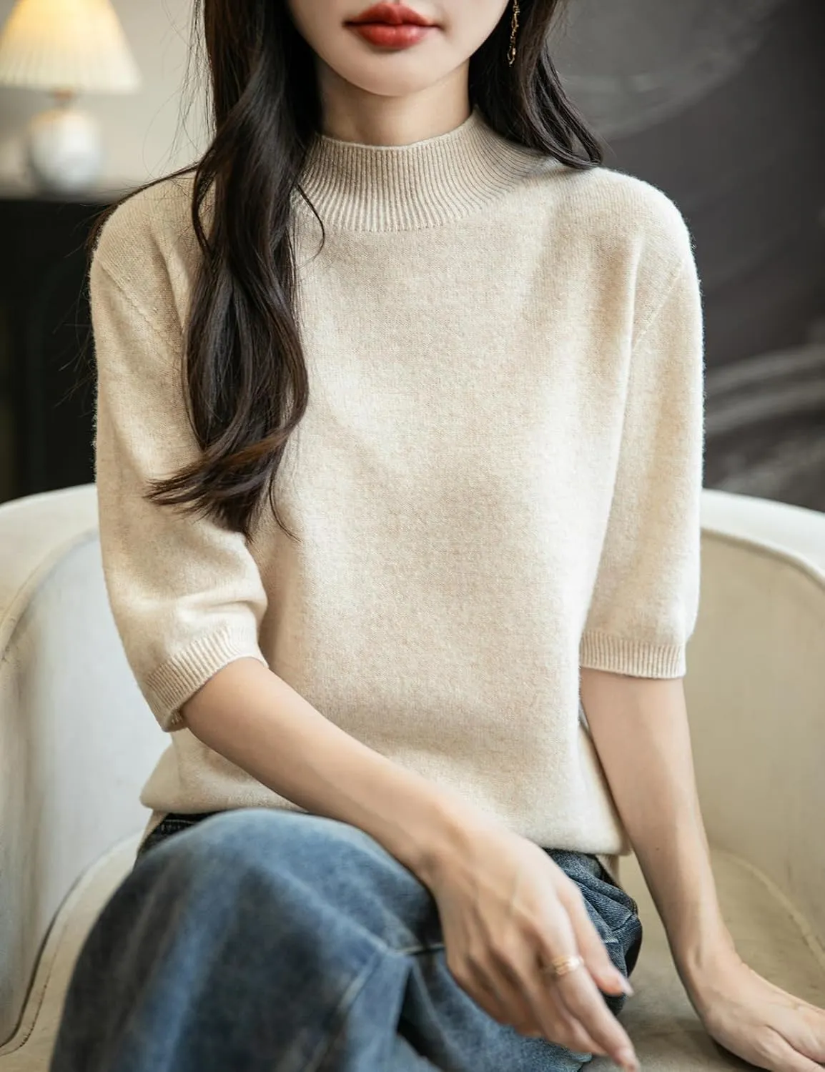 Women's 100% Merino Wool Spring Fall Winter First-Line Ready to Wear Seamless Knit Short Sleeve Mock Neck Sweater