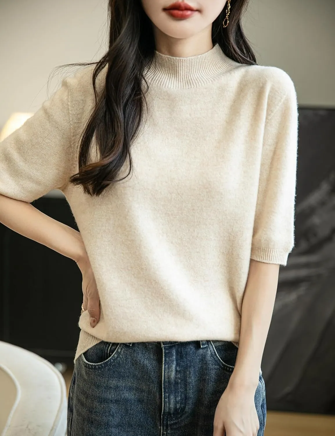 Women's 100% Merino Wool Spring Fall Winter First-Line Ready to Wear Seamless Knit Short Sleeve Mock Neck Sweater