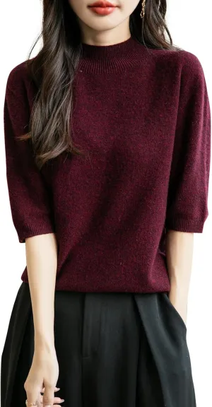Women's 100% Merino Wool Spring Fall Winter First-Line Ready to Wear Seamless Knit Short Sleeve Mock Neck Sweater