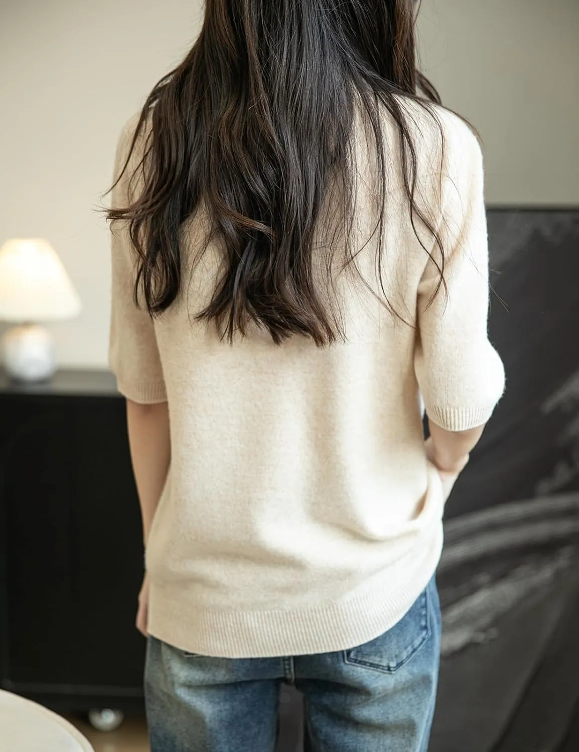 Women's 100% Merino Wool Spring Fall Winter First-Line Ready to Wear Seamless Knit Short Sleeve Mock Neck Sweater