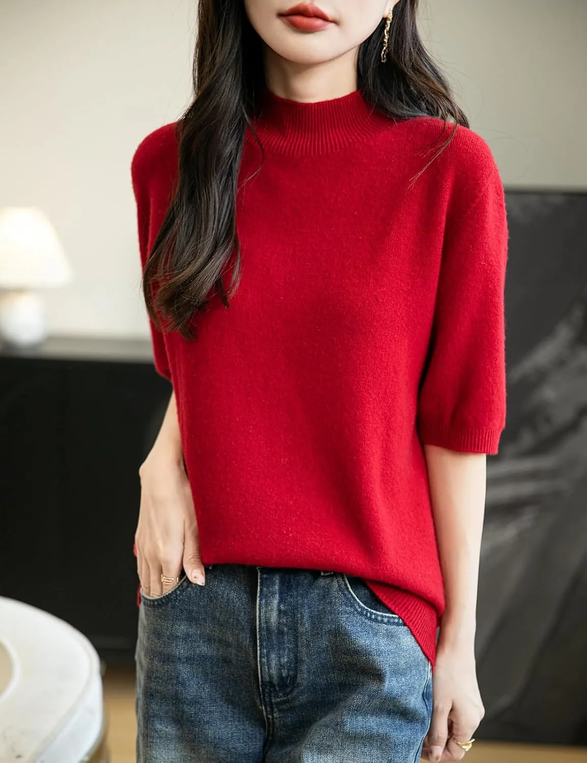 Women's 100% Merino Wool Spring Fall Winter First-Line Ready to Wear Seamless Knit Short Sleeve Mock Neck Sweater