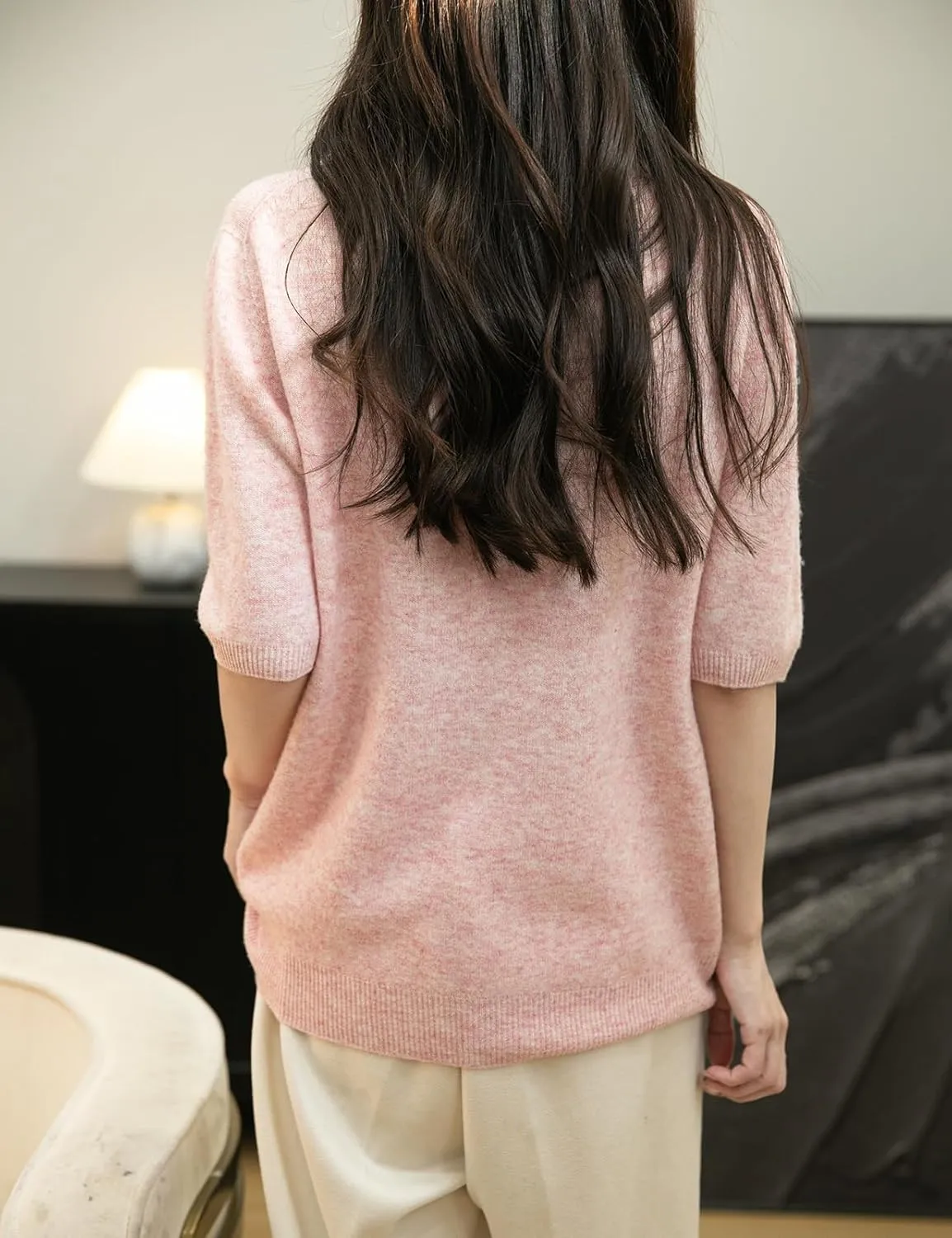 Women's 100% Merino Wool Spring Fall Winter First-Line Ready to Wear Seamless Knit Short Sleeve Mock Neck Sweater