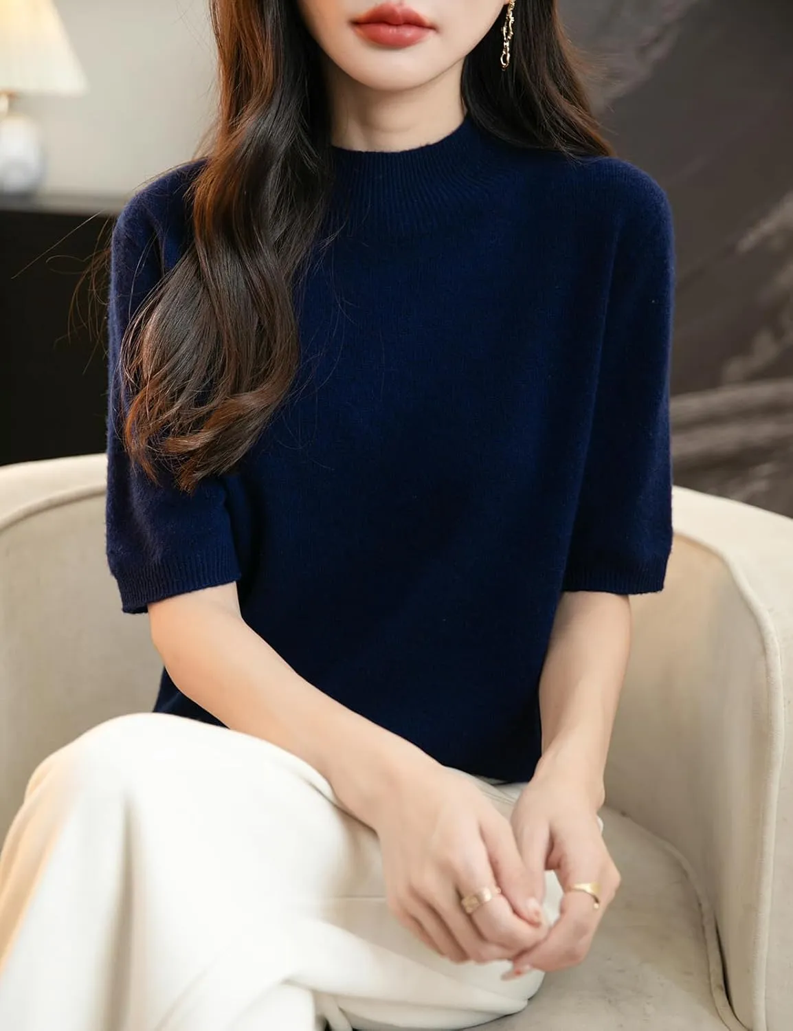 Women's 100% Merino Wool Spring Fall Winter First-Line Ready to Wear Seamless Knit Short Sleeve Mock Neck Sweater