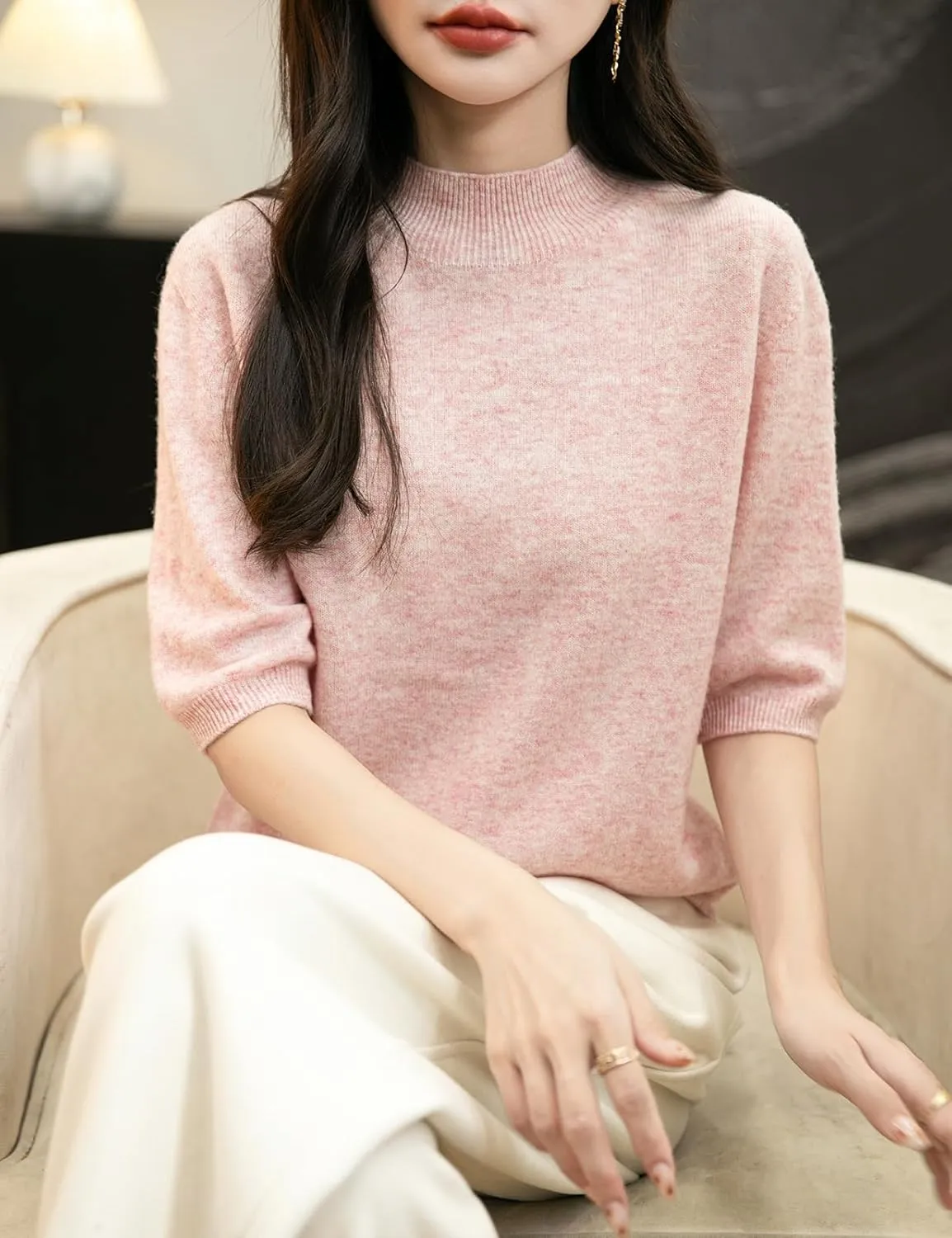 Women's 100% Merino Wool Spring Fall Winter First-Line Ready to Wear Seamless Knit Short Sleeve Mock Neck Sweater