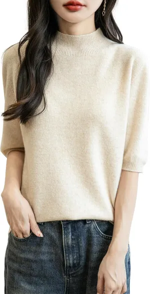 Women's 100% Merino Wool Spring Fall Winter First-Line Ready to Wear Seamless Knit Short Sleeve Mock Neck Sweater