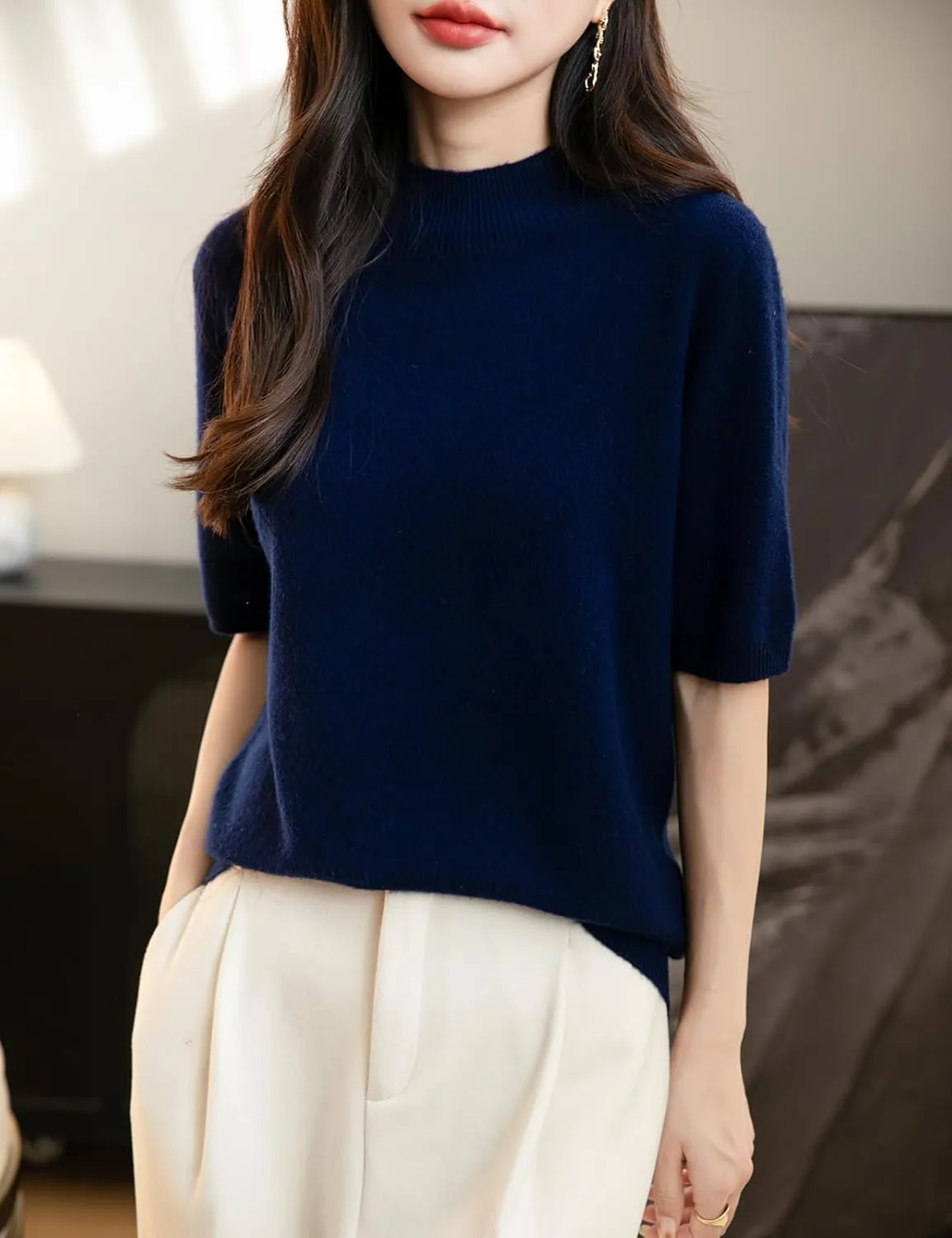 Women's 100% Merino Wool Spring Fall Winter First-Line Ready to Wear Seamless Knit Short Sleeve Mock Neck Sweater