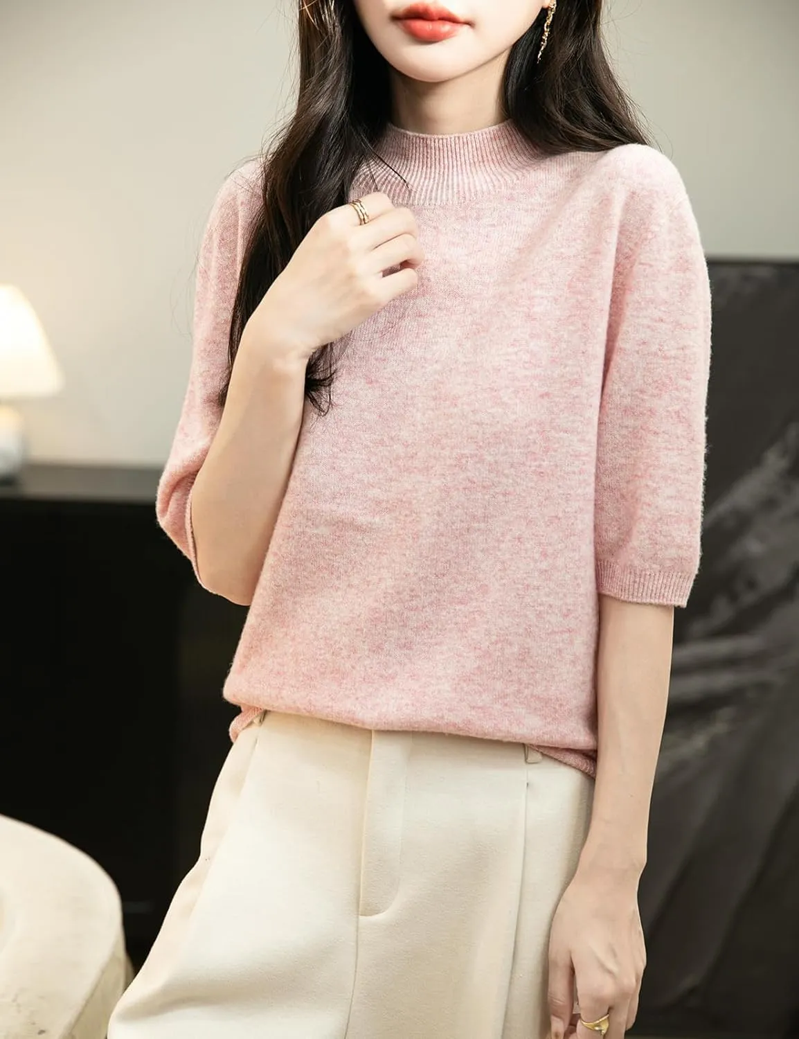 Women's 100% Merino Wool Spring Fall Winter First-Line Ready to Wear Seamless Knit Short Sleeve Mock Neck Sweater