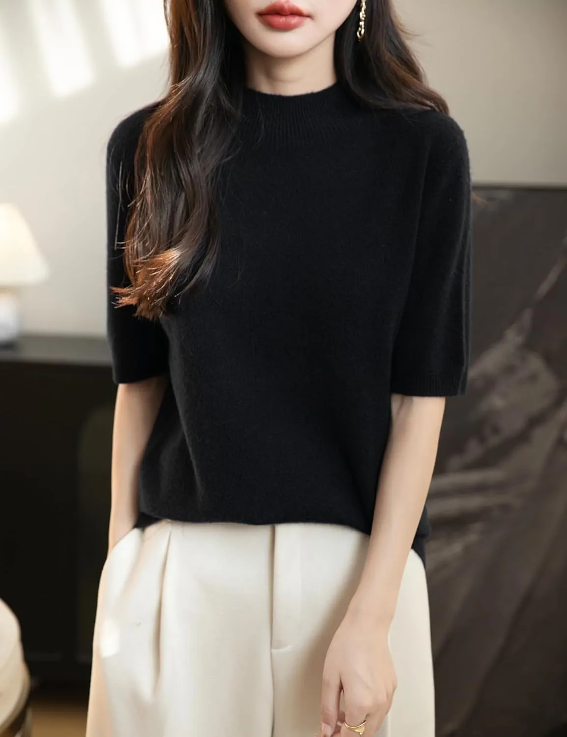 Women's 100% Merino Wool Spring Fall Winter First-Line Ready to Wear Seamless Knit Short Sleeve Mock Neck Sweater