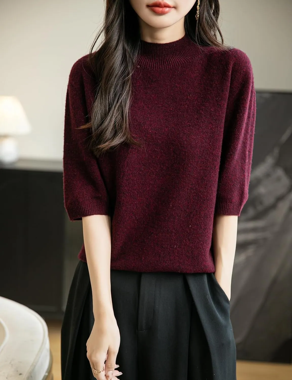 Women's 100% Merino Wool Spring Fall Winter First-Line Ready to Wear Seamless Knit Short Sleeve Mock Neck Sweater