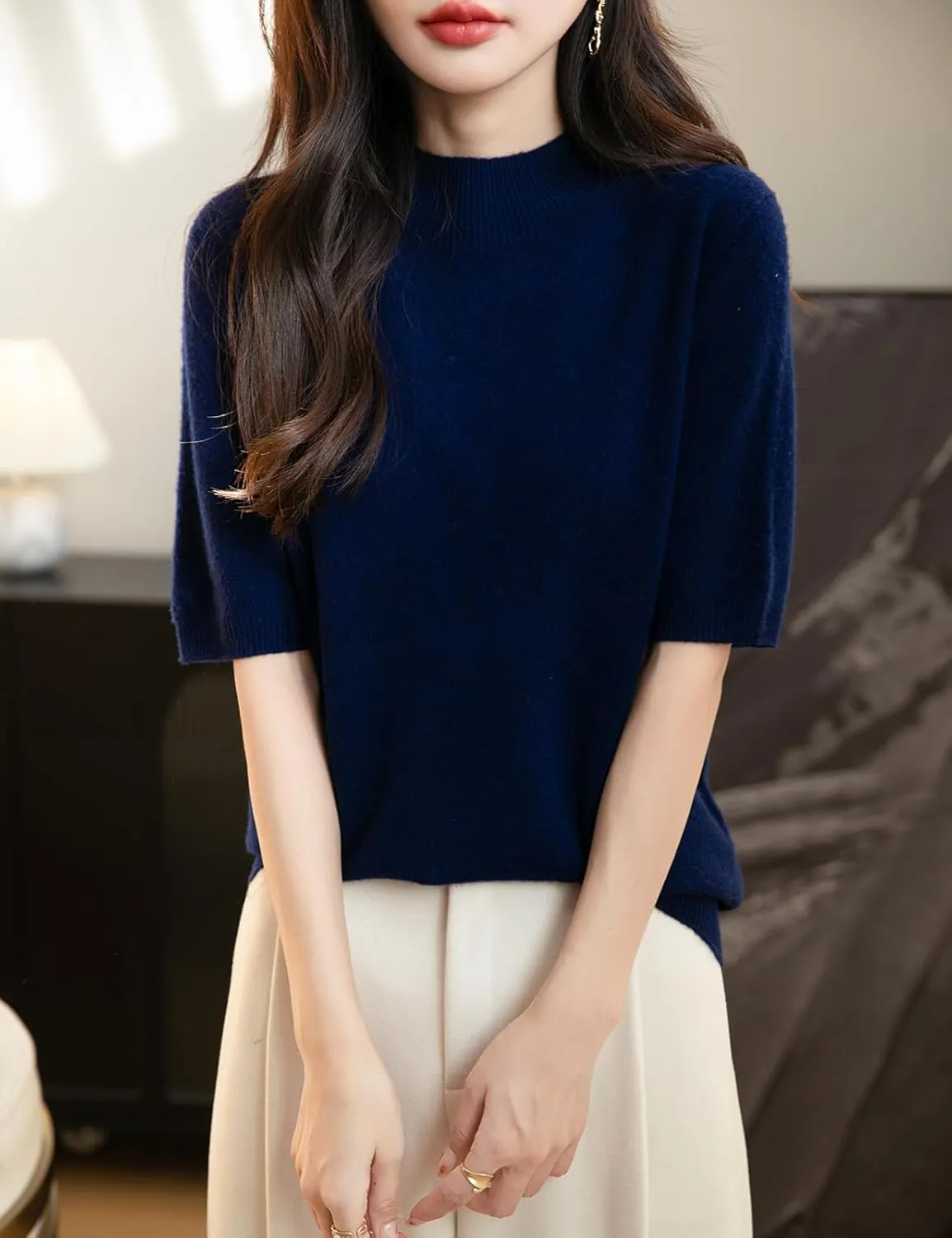 Women's 100% Merino Wool Spring Fall Winter First-Line Ready to Wear Seamless Knit Short Sleeve Mock Neck Sweater