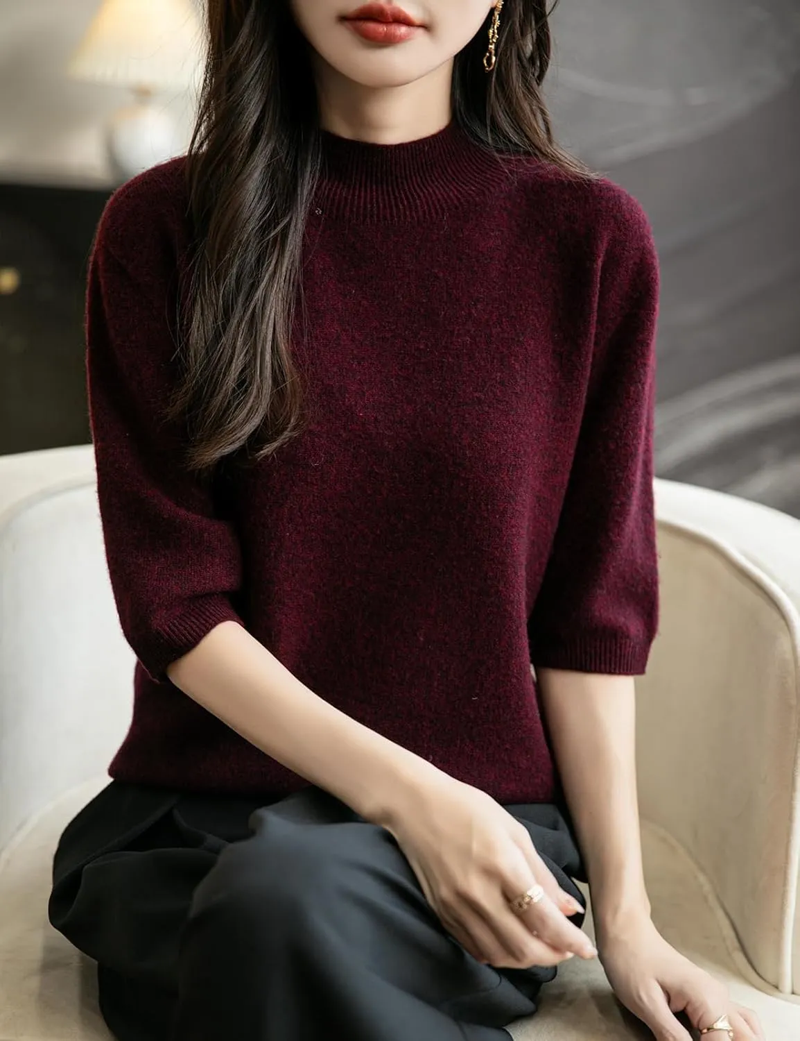Women's 100% Merino Wool Spring Fall Winter First-Line Ready to Wear Seamless Knit Short Sleeve Mock Neck Sweater