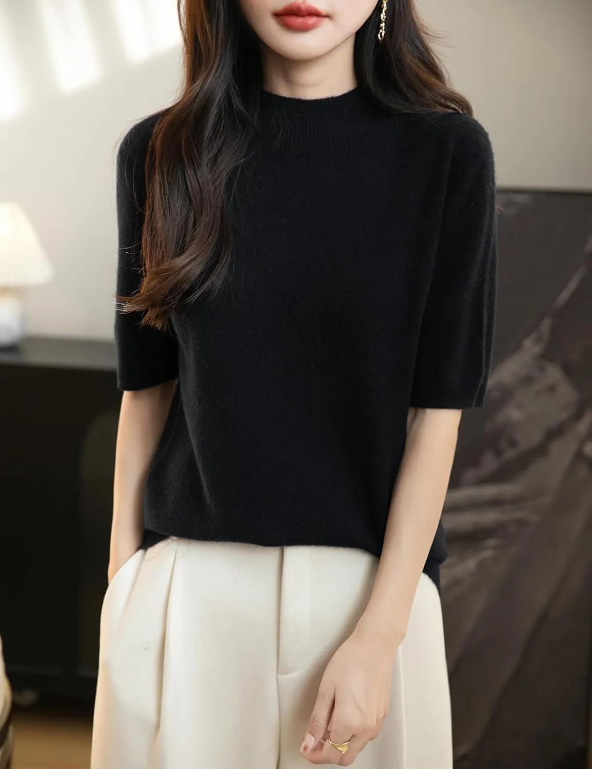 Women's 100% Merino Wool Spring Fall Winter First-Line Ready to Wear Seamless Knit Short Sleeve Mock Neck Sweater