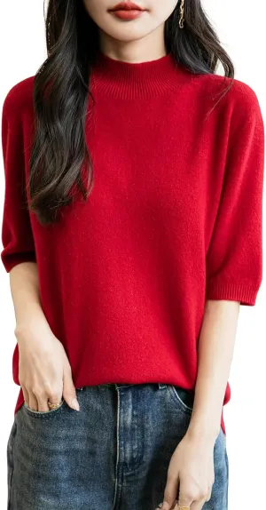 Women's 100% Merino Wool Spring Fall Winter First-Line Ready to Wear Seamless Knit Short Sleeve Mock Neck Sweater