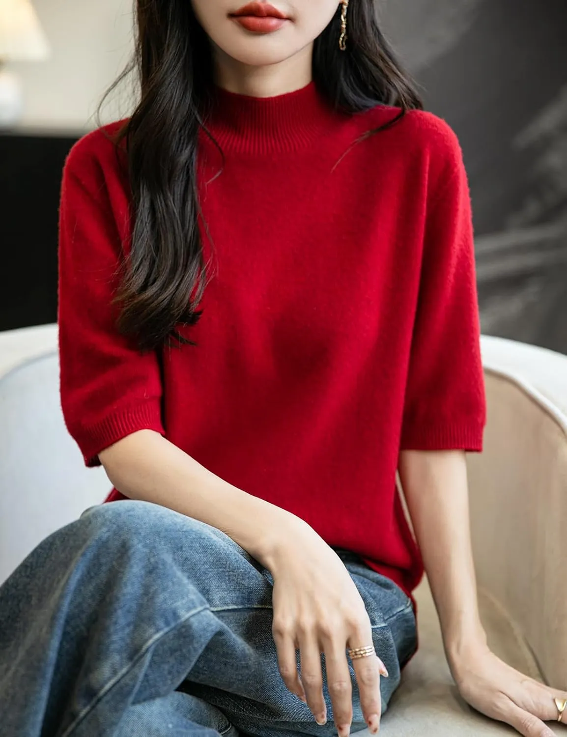 Women's 100% Merino Wool Spring Fall Winter First-Line Ready to Wear Seamless Knit Short Sleeve Mock Neck Sweater