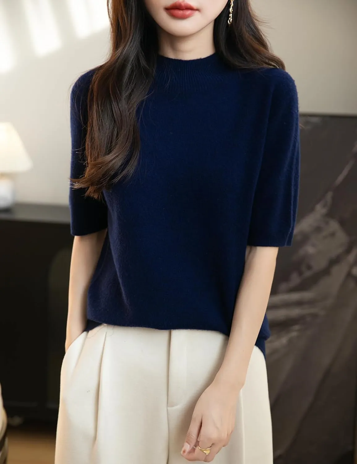 Women's 100% Merino Wool Spring Fall Winter First-Line Ready to Wear Seamless Knit Short Sleeve Mock Neck Sweater