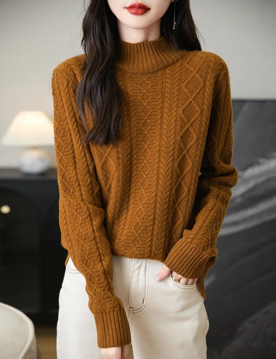 Women's 100% Merino Wool Sweater 2025 Fall Winter Basic Mock Neck Long Sleeve Vintage Cable Knitted Sweater