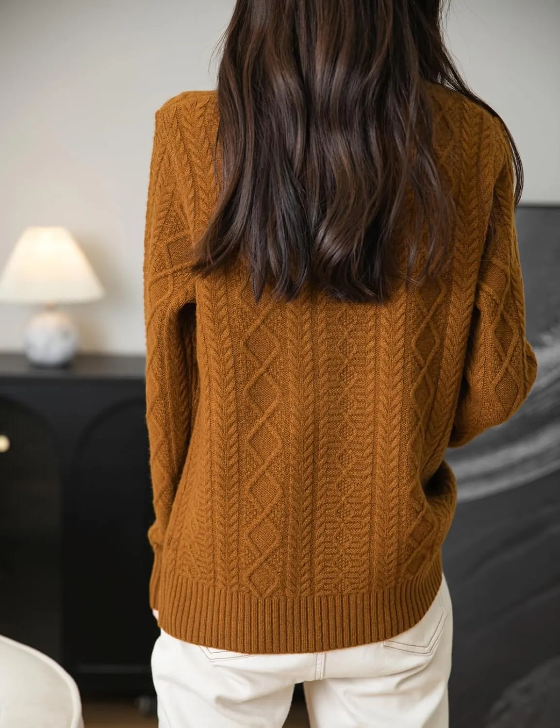 Women's 100% Merino Wool Sweater 2025 Fall Winter Basic Mock Neck Long Sleeve Vintage Cable Knitted Sweater