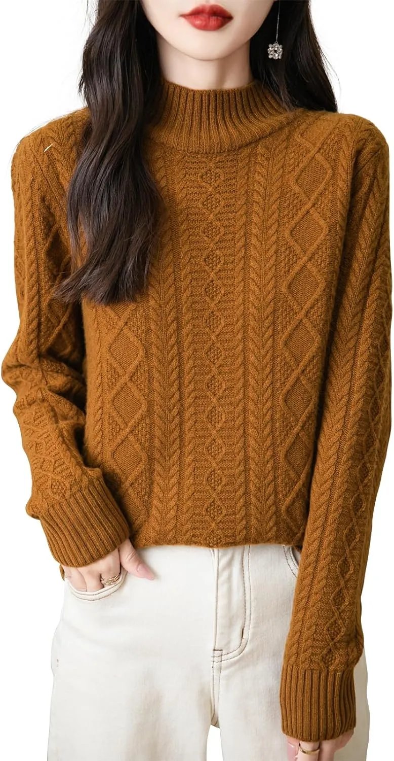 Women's 100% Merino Wool Sweater 2025 Fall Winter Basic Mock Neck Long Sleeve Vintage Cable Knitted Sweater