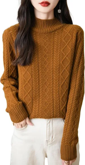 Women's 100% Merino Wool Sweater 2025 Fall Winter Basic Mock Neck Long Sleeve Vintage Cable Knitted Sweater