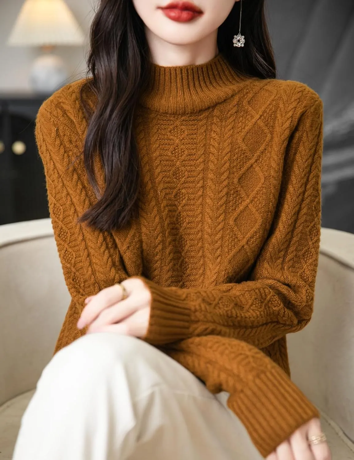 Women's 100% Merino Wool Sweater 2025 Fall Winter Basic Mock Neck Long Sleeve Vintage Cable Knitted Sweater