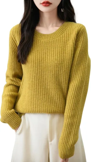 Women's 100% Merino Wool Sweater 2025 Fall Winter Casual Crewneck Long Sleeve Ribbed Knitted Pullover Sweater