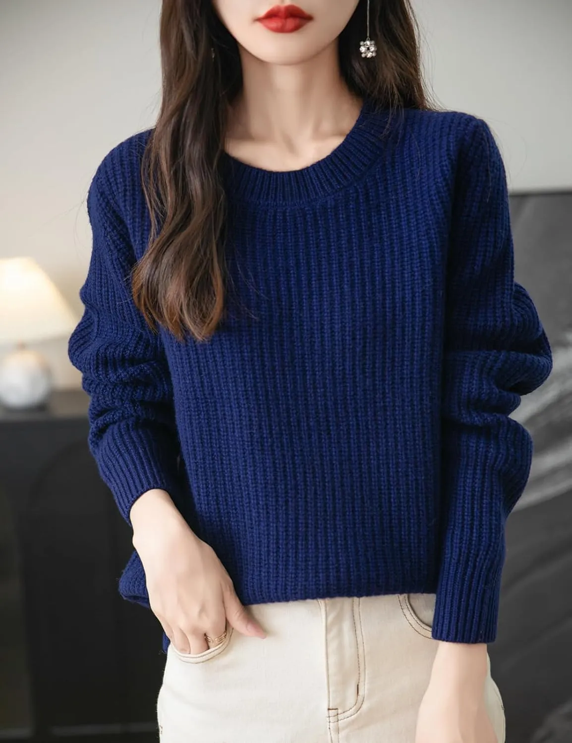 Women's 100% Merino Wool Sweater 2025 Fall Winter Casual Crewneck Long Sleeve Ribbed Knitted Pullover Sweater