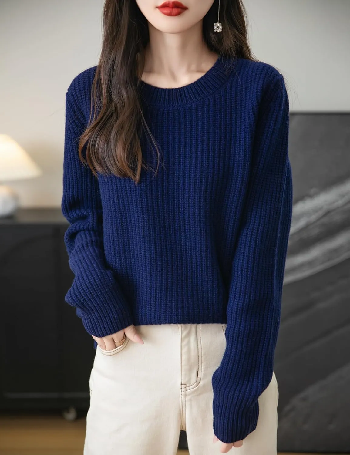 Women's 100% Merino Wool Sweater 2025 Fall Winter Casual Crewneck Long Sleeve Ribbed Knitted Pullover Sweater