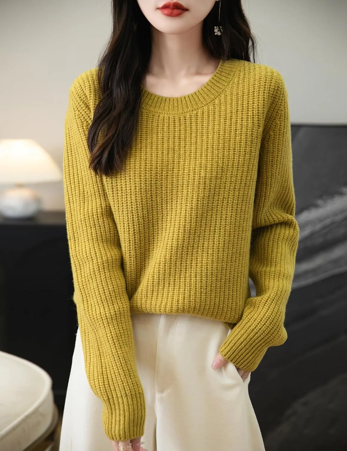 Women's 100% Merino Wool Sweater 2025 Fall Winter Casual Crewneck Long Sleeve Ribbed Knitted Pullover Sweater