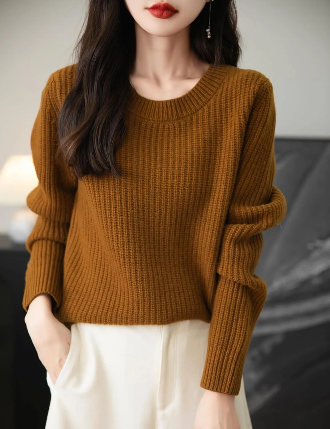 Women's 100% Merino Wool Sweater 2025 Fall Winter Casual Crewneck Long Sleeve Ribbed Knitted Pullover Sweater