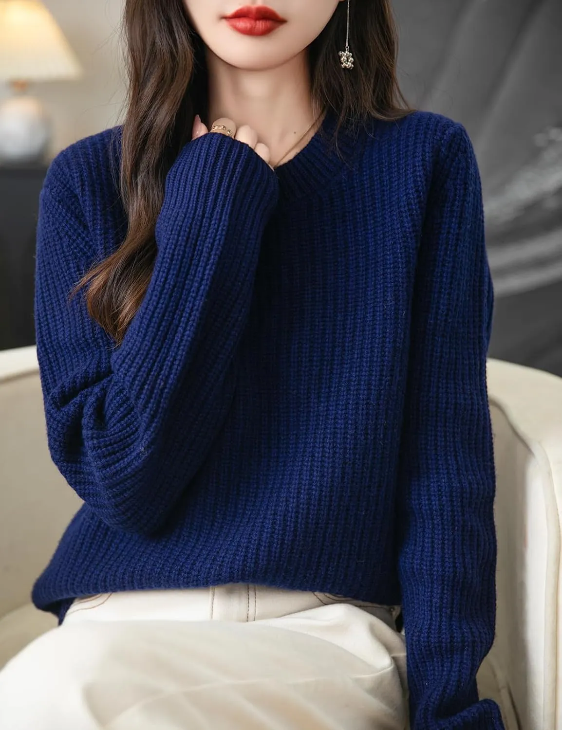 Women's 100% Merino Wool Sweater 2025 Fall Winter Casual Crewneck Long Sleeve Ribbed Knitted Pullover Sweater