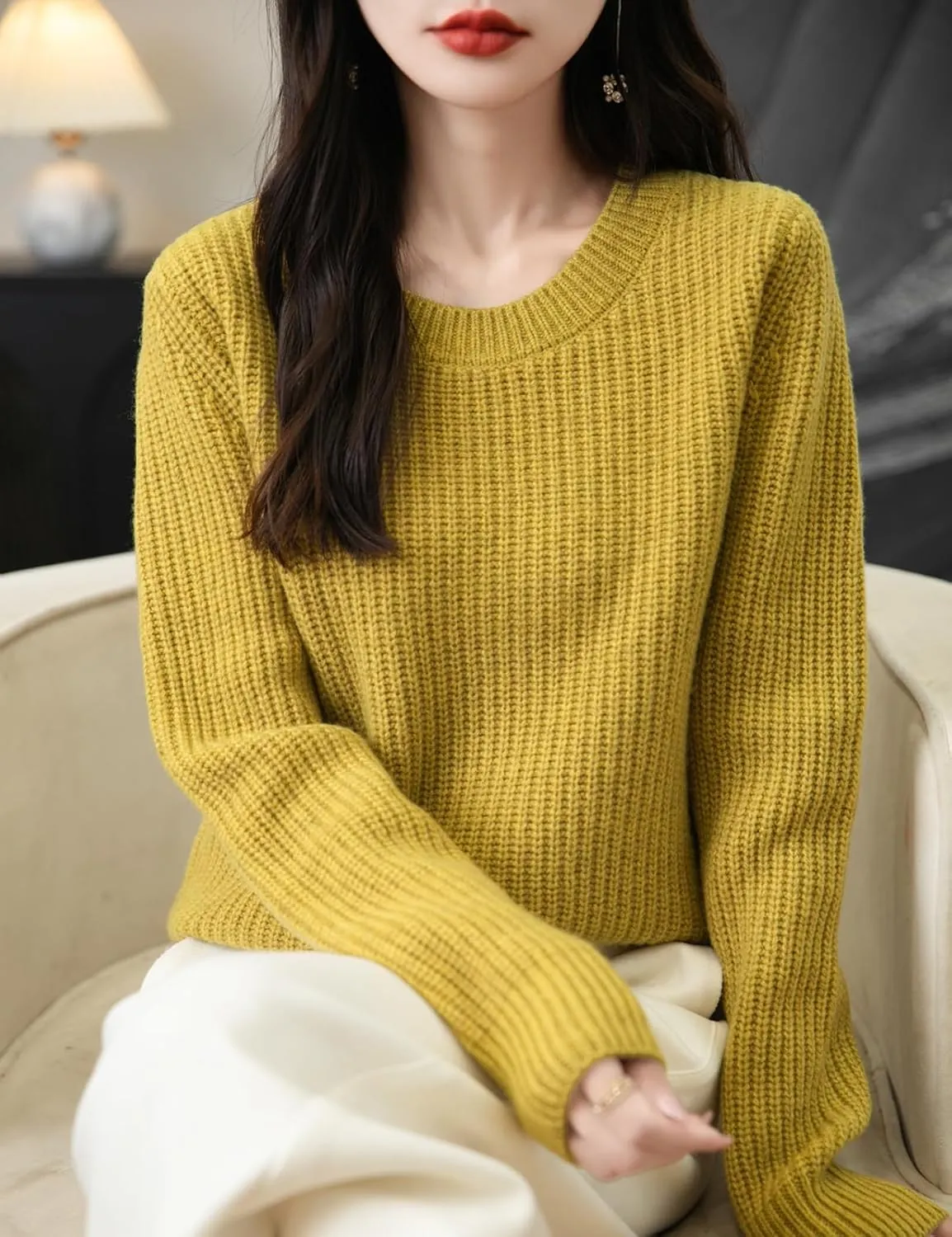Women's 100% Merino Wool Sweater 2025 Fall Winter Casual Crewneck Long Sleeve Ribbed Knitted Pullover Sweater