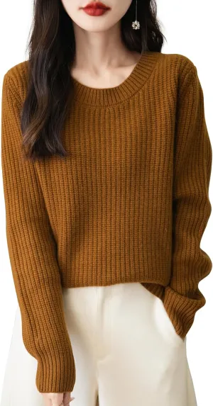 Women's 100% Merino Wool Sweater 2025 Fall Winter Casual Crewneck Long Sleeve Ribbed Knitted Pullover Sweater
