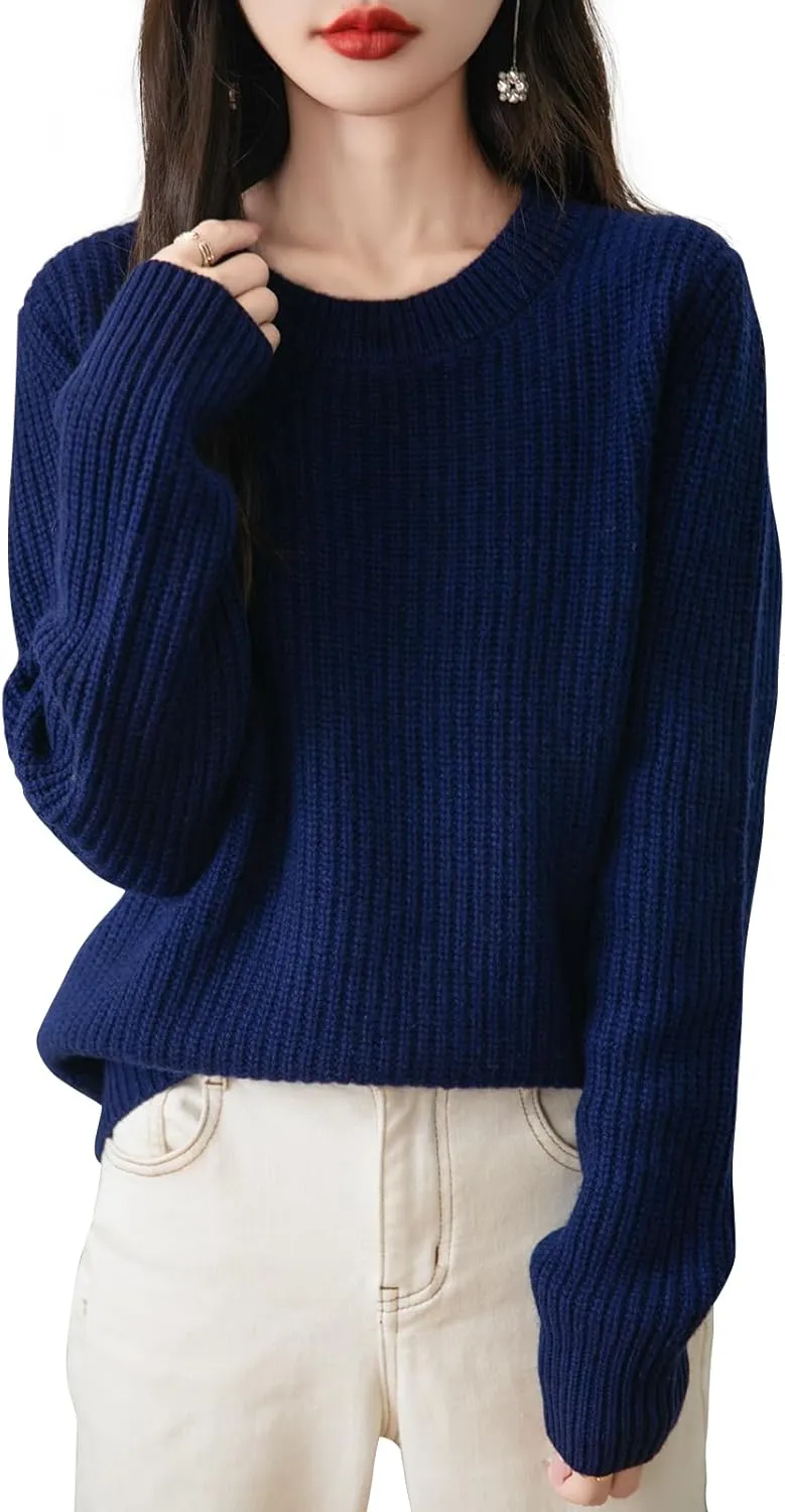Women's 100% Merino Wool Sweater 2025 Fall Winter Casual Crewneck Long Sleeve Ribbed Knitted Pullover Sweater