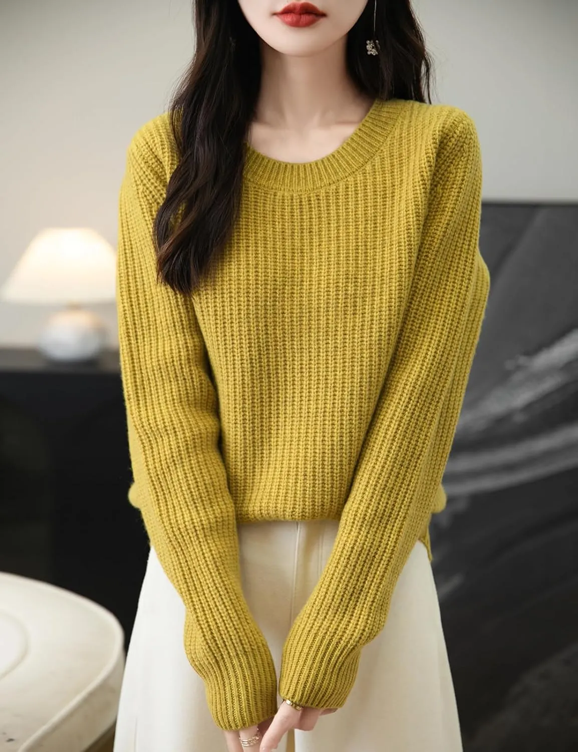 Women's 100% Merino Wool Sweater 2025 Fall Winter Casual Crewneck Long Sleeve Ribbed Knitted Pullover Sweater