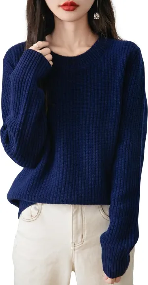 Women's 100% Merino Wool Sweater 2025 Fall Winter Casual Crewneck Long Sleeve Ribbed Knitted Pullover Sweater