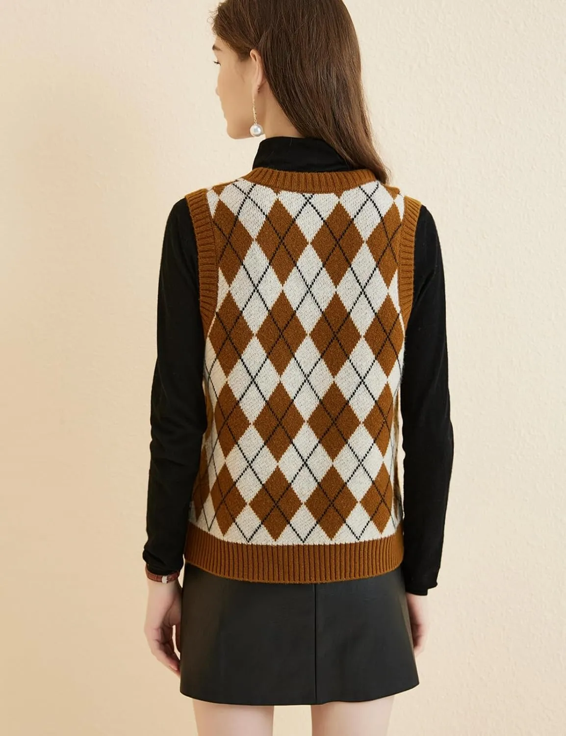 Women's 100% Merino Wool Sweater Vest 2025 Fall Winter Diamond Lattice V Neck Sleeveless Knit Sweater Vest