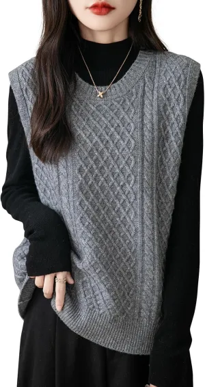 Women's 100% Merino Wool Sweater Vest 2025 Fall Winter Vintage Cable Crew Neck Sleeveless Knit Sweater Vest
