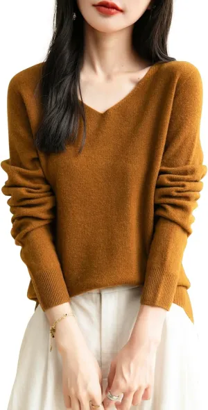 Women's 100% Merino Wool V Neck Sweater 2025 First-Line Ready to Wear Casual Long Sleeve Seamless Knit Sweater