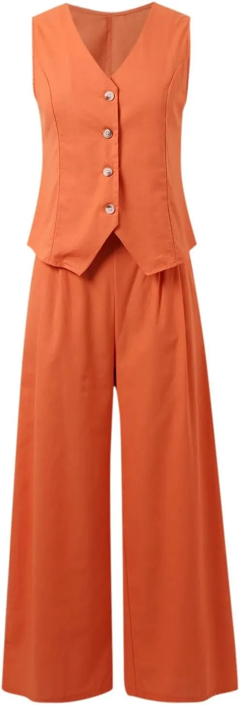 Women's 2 Piece Outfits, Sleeveless Cotton Tailored Blazer Suit Vest and Wide Leg Pant Business Button V Neck Sets