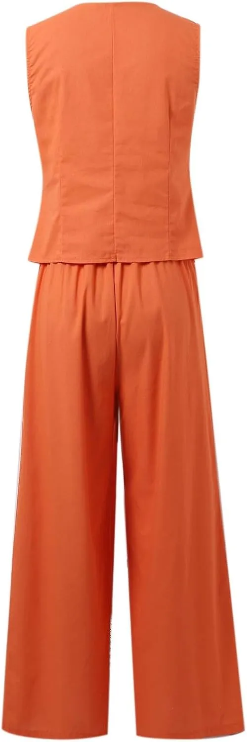 Women's 2 Piece Outfits, Sleeveless Cotton Tailored Blazer Suit Vest and Wide Leg Pant Business Button V Neck Sets