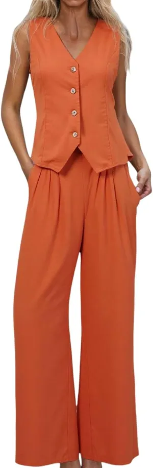 Women's 2 Piece Outfits, Sleeveless Cotton Tailored Blazer Suit Vest and Wide Leg Pant Business Button V Neck Sets